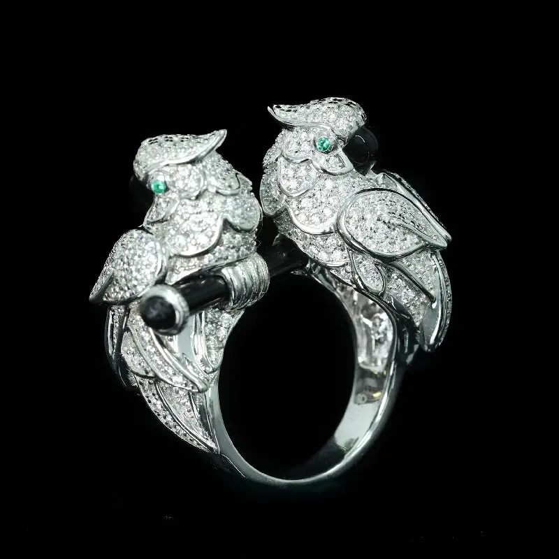 

ARIGAYA Love Bird, кольца из стерлингового серебра 925 пробы, женское кольцо с двойной головкой и попугаем, эмалированное кольцо, углеродные бриллианты, драгоценные камни, ювелирные изделия