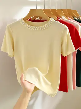 تيشيرت كوري محبوك للنساء، تصميم عصري جديد لصيف الألفية الجديدة، بدون أكمام، مزين بالخرز، خفيف الوزن، متوفر باللونين الأسود والأبيض. 8 best sales بلوزة عنابية اللون - №5