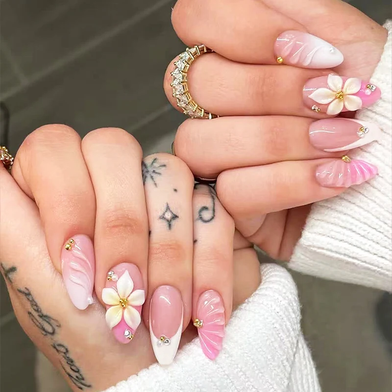 

24pcs Pink Almond Press on Nails water drop pattern Flower French Pattern False Nails Wearable detachable Nail Fake Nails pearl