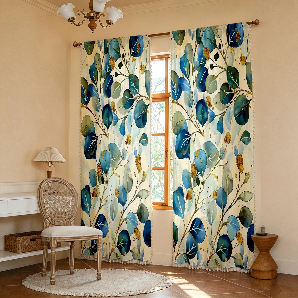 1PC Floral Tassel Sheer Curtains, Blue Green Eucalyptus, Digital Print, Polyester, Bedroom Living Room, Rod Pocket Home Decor