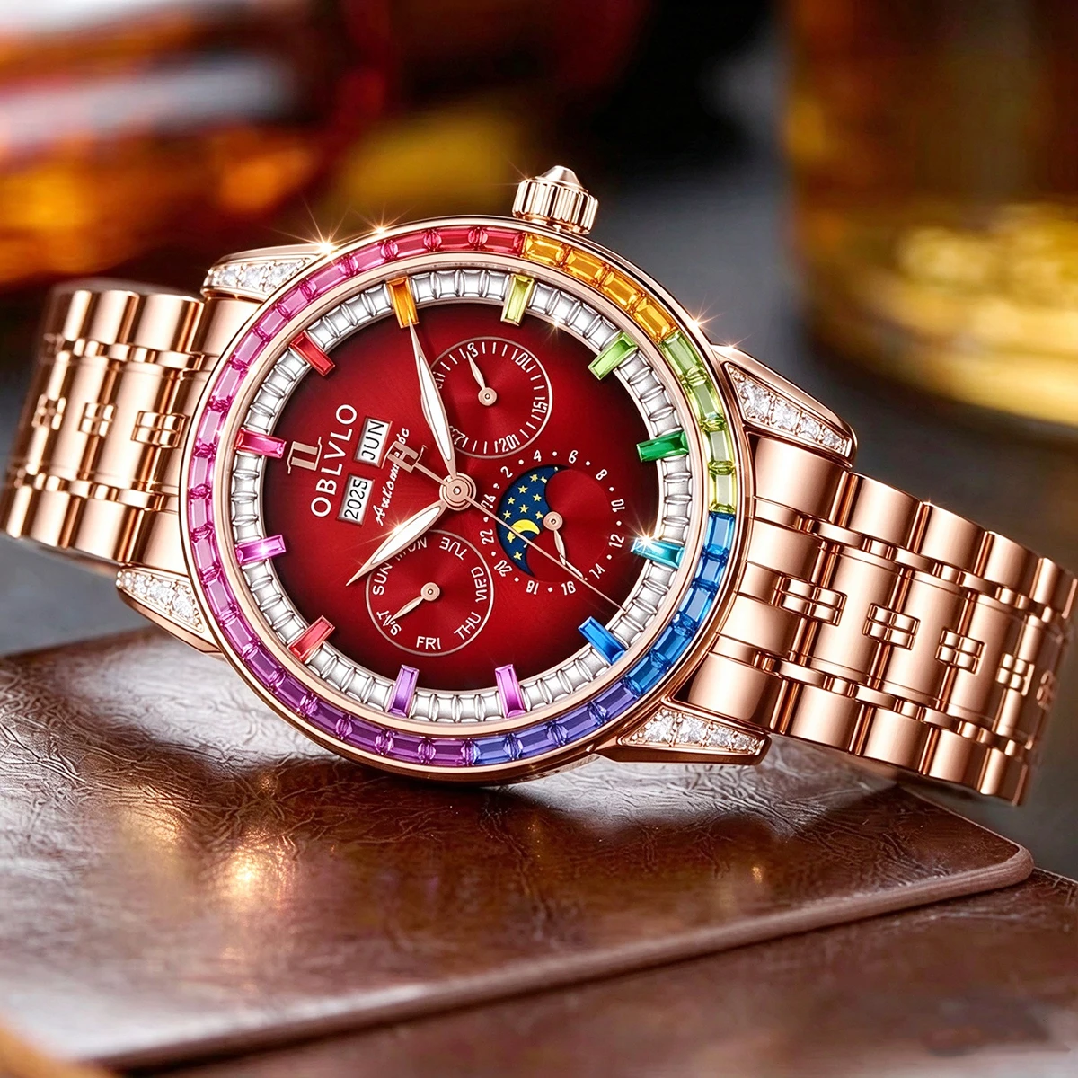 OBLVLO Men's Automatic Mechanical Watch Featuring a sapphire Crystal, Moon Phase, Date Display, and 24-Hour Indicator. GCM-MUT