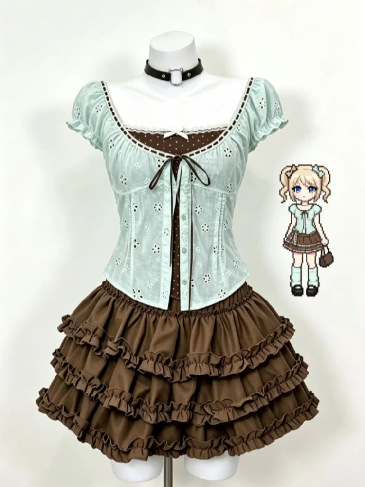 New Arrival Korean Fashion Two Piece Set Patchwork Lace Top Kawaii Y2K Ruffled Cake Skirt High Waist Slim Chic Matching Outfit