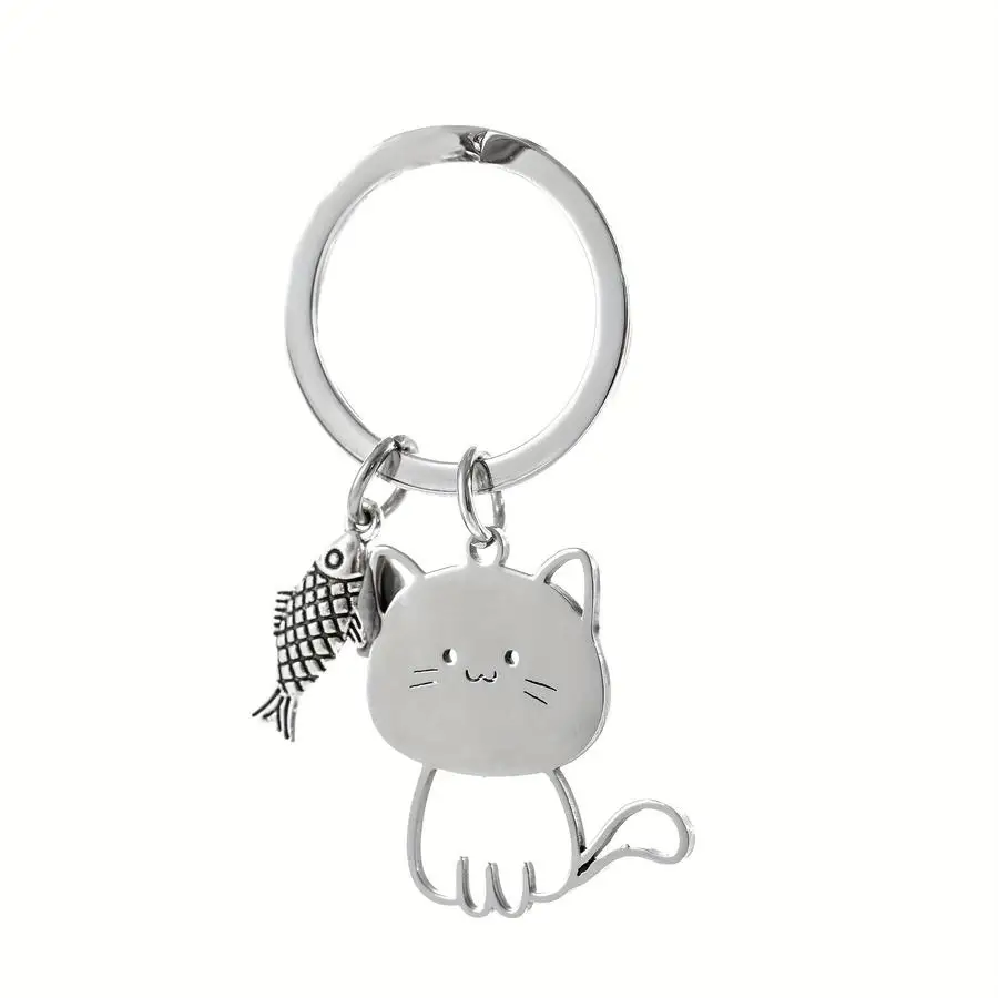 1/5/10/20/50/100pcs Cute Cat and Fish Keychain in Silver-Plated Stainless Steel to Hang on a Backpack or Bag, Charms for Women f