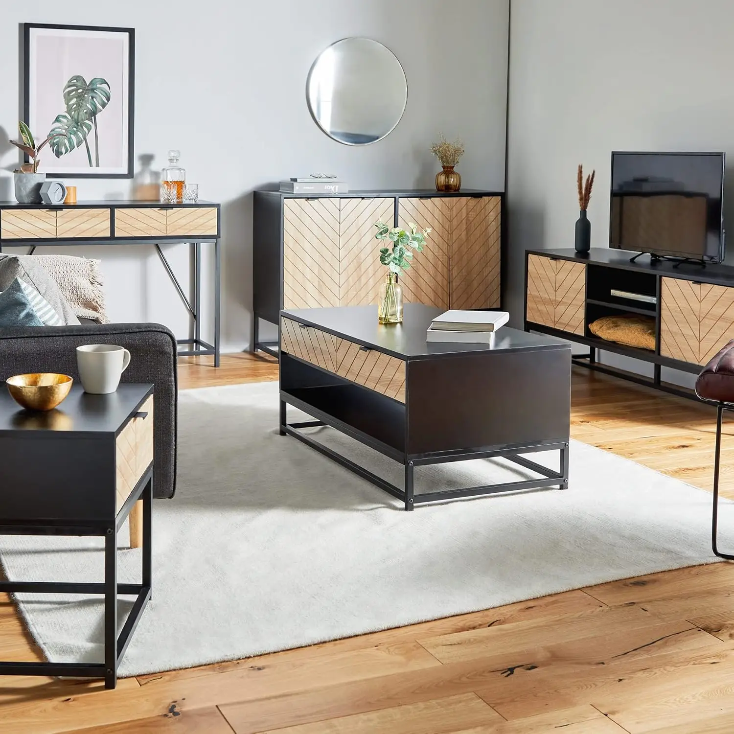 

！@Combohome Bali Coastal Modern Console Table with 2 Natural Wood Drawers, Black Furniture Console Table