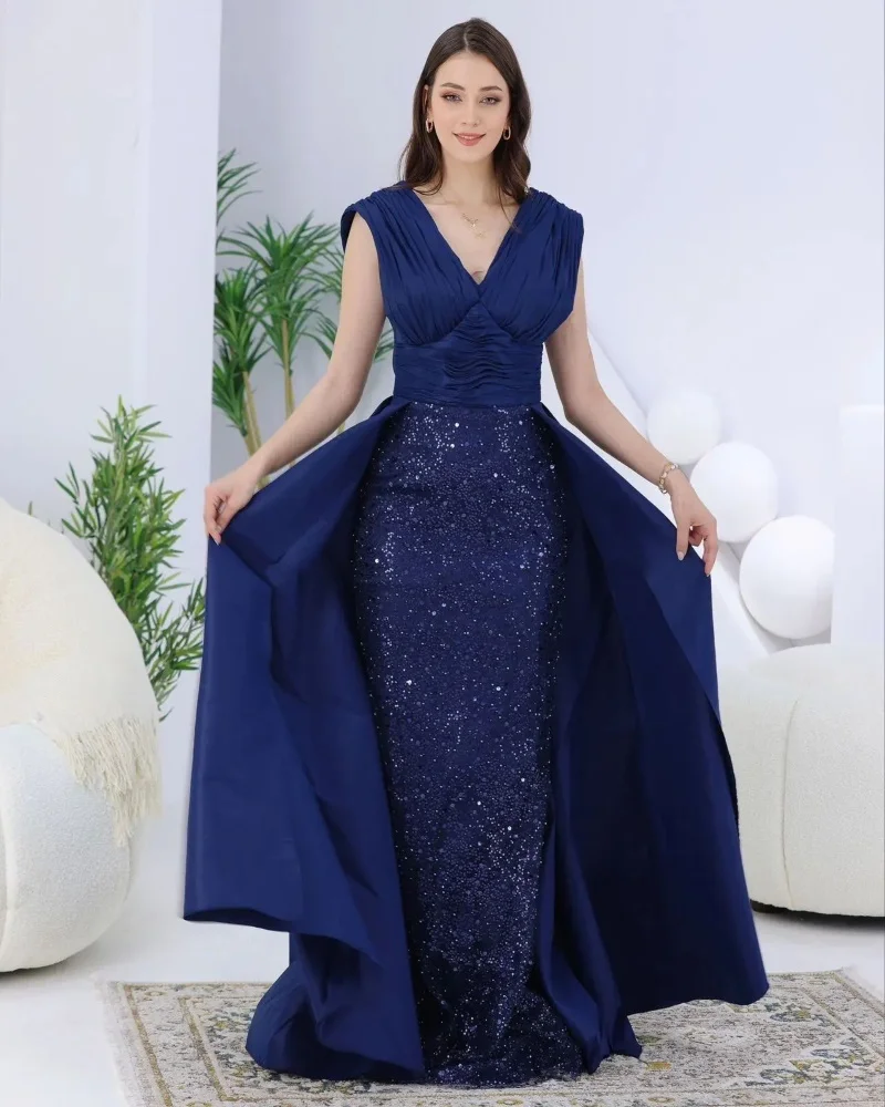 Vestido de noite de cetim leve para mulheres, elegante vestido com gola V, elegante, sexy, lantejoulas, azul marinho, vestido de formatura, 2021, 2024