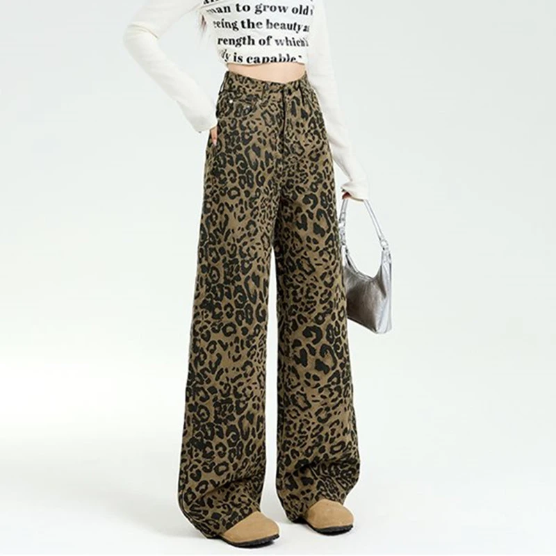 جينز نسائي عالي الخصر بطبعة الفهد من FINEWORDS جينز واسع الساق بطول كامل جينز كوري فضفاض عتيق