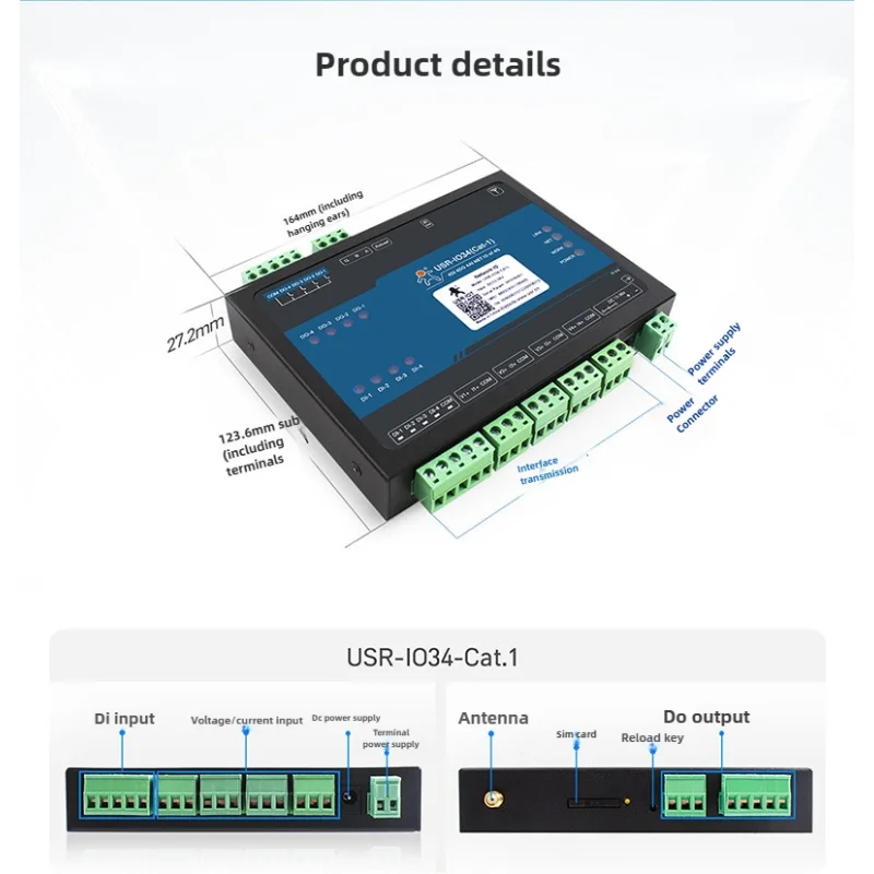 

USR-IO34 cat1 network IO controller 4 in 4 out analog remote local control 485 communication IO34