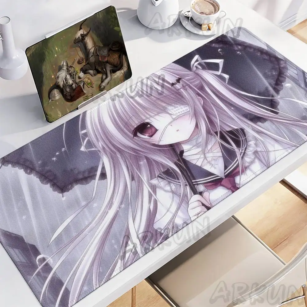 Pale White Hair Anime Girl Gaming Mouse Pad, Eye Patch Bandage Girl With Black Desk Mat