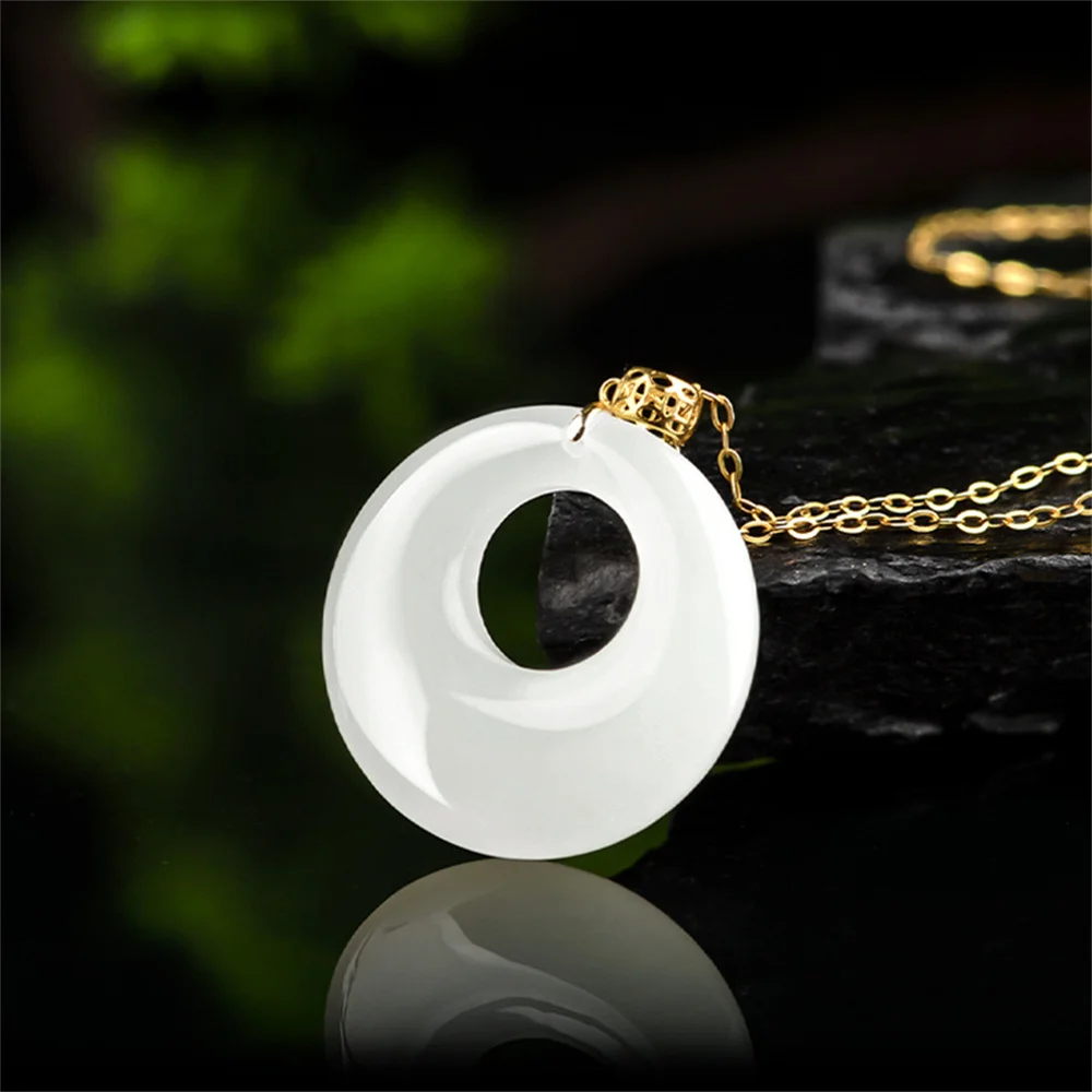 18K Gold Natural White HeTian Jade Fortune Round Harmony Drop Pendant Amulet Chain Necklace Certificate Luxury Jade Jewelry