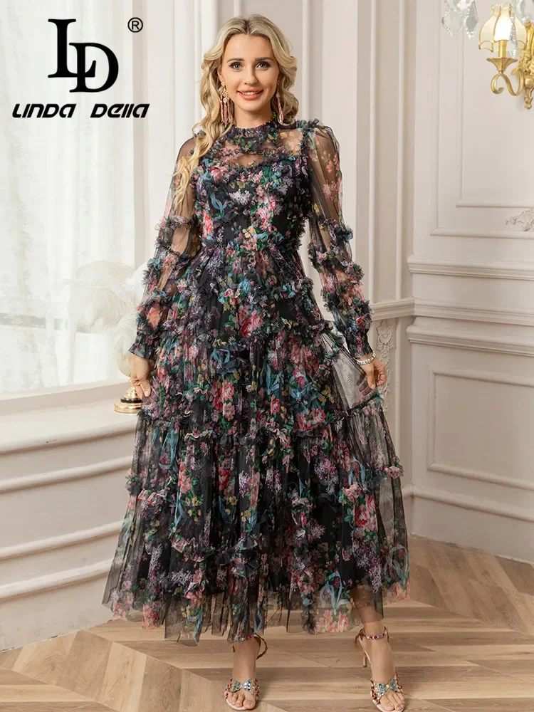 

LD LINDA DELLA 2025 Spring/Summer Fashion Design Round Neck Mesh Printed Palace Style Black Fungus Folded Edge Long Dress Dress