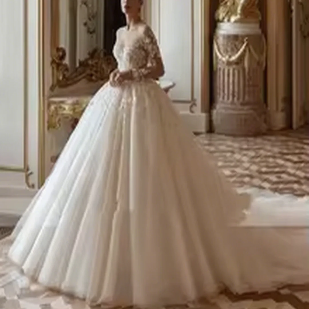 Customized Scoop Neck Beading Ball Gown Wedding Dresses Long Sleeve Appliques Court Train Princess Bridal Gown