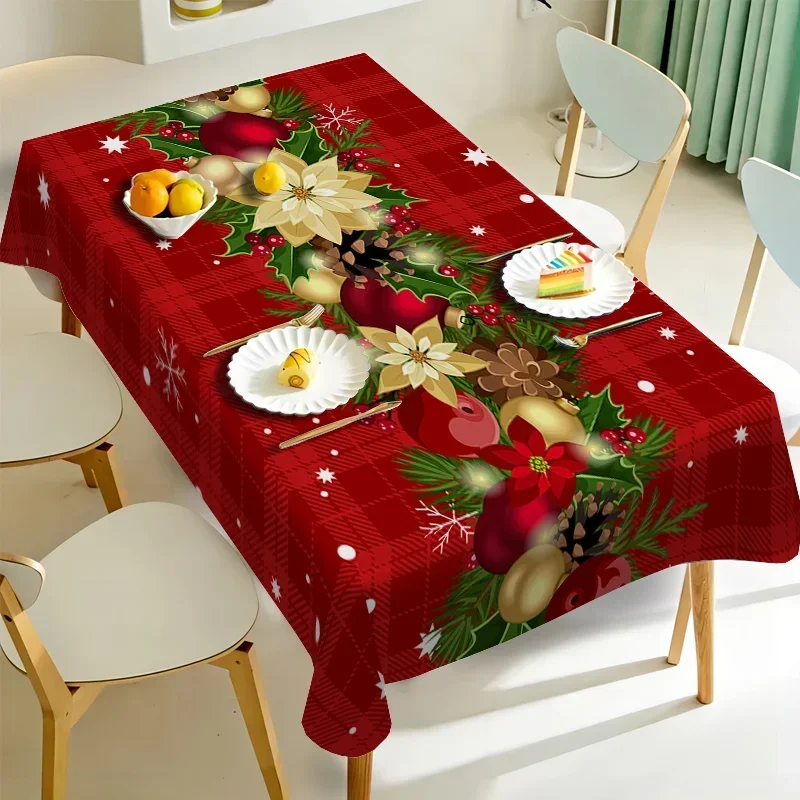 Christmas Poinsettia Pine Needle Bell Rectangle Tablecloth Party Decor Reusable Waterproof Tablecloth Christmas Decorations