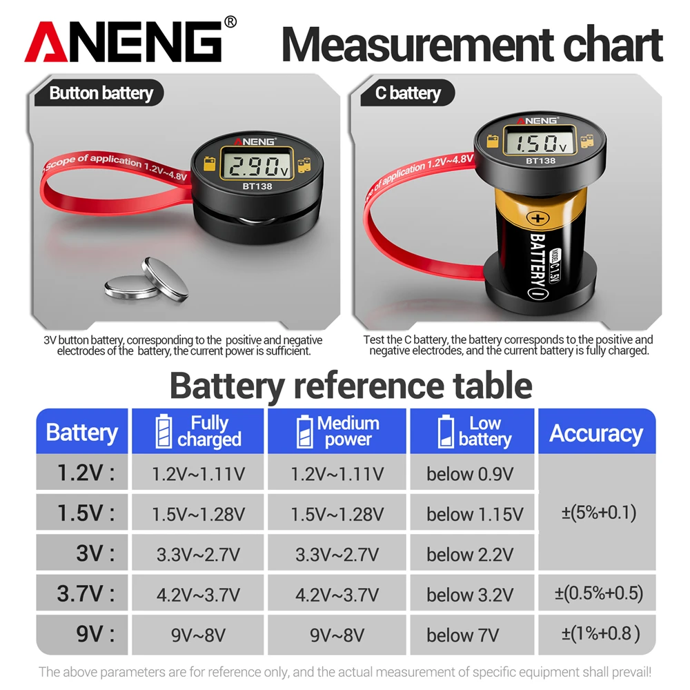 ANENG C D AA AAA Battery Tester Portable BT138 Button Cell Lithium Test Display Battery Tester Power Bank Detector Tester Tools
