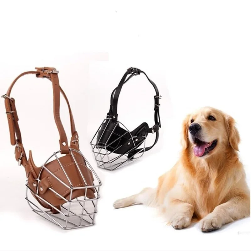 Dog muzzle, metal and leather material, durable breathable adjustable dog muzzle, suitable for medium and large dogs