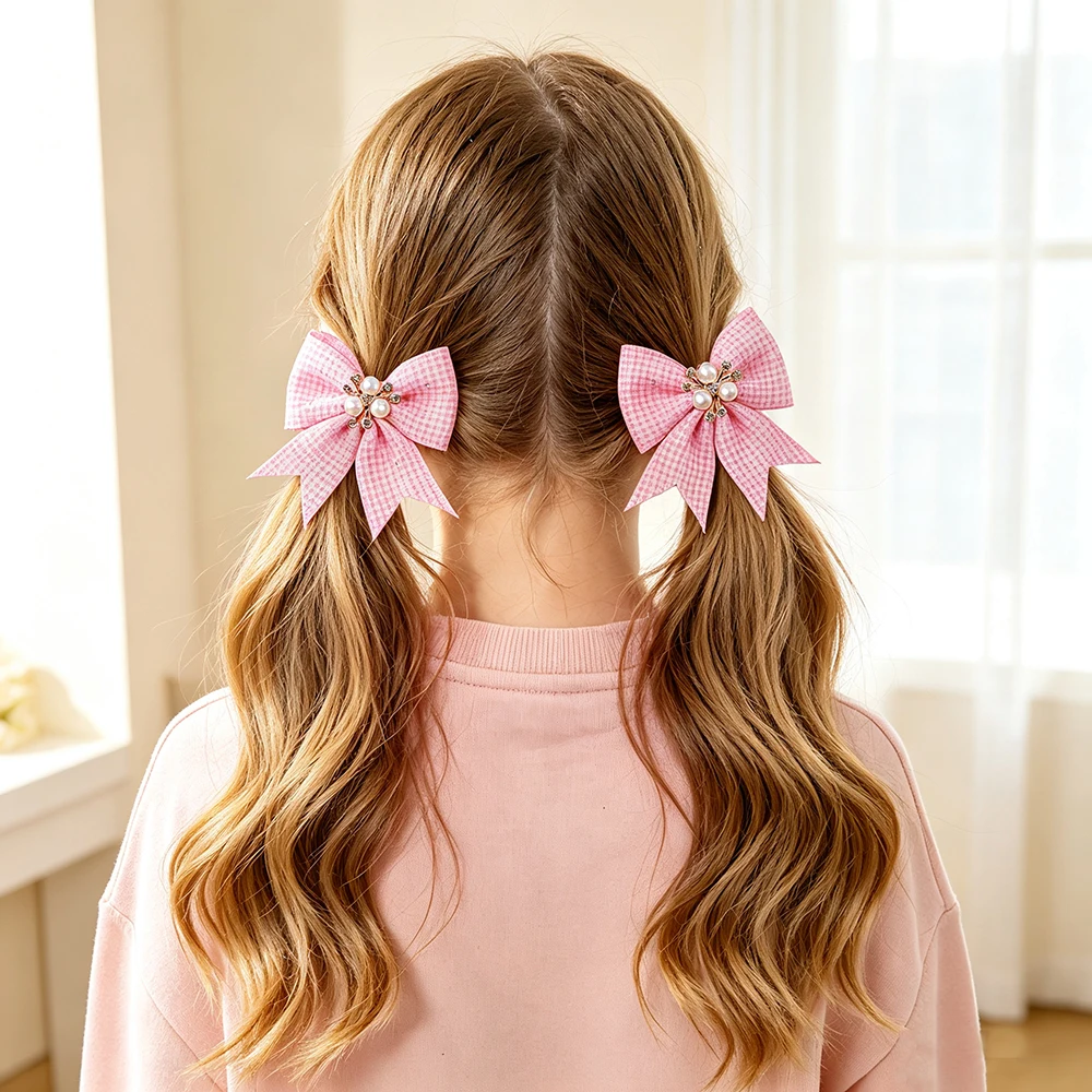 8Pcs Waffle Fabric Bow Hair Clips Set Pearl Rhinestone Decor Bow Barrettes Little Girls Pair‑Style Hair Accessories