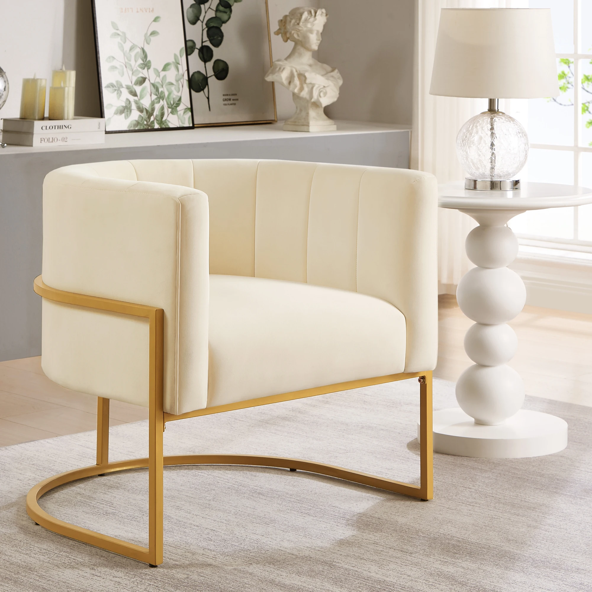 Upholstered Velvet Chair Golden Metal Stand Exquisite Appearance Mid Century Living Room Leisure Chair Curve Backrest