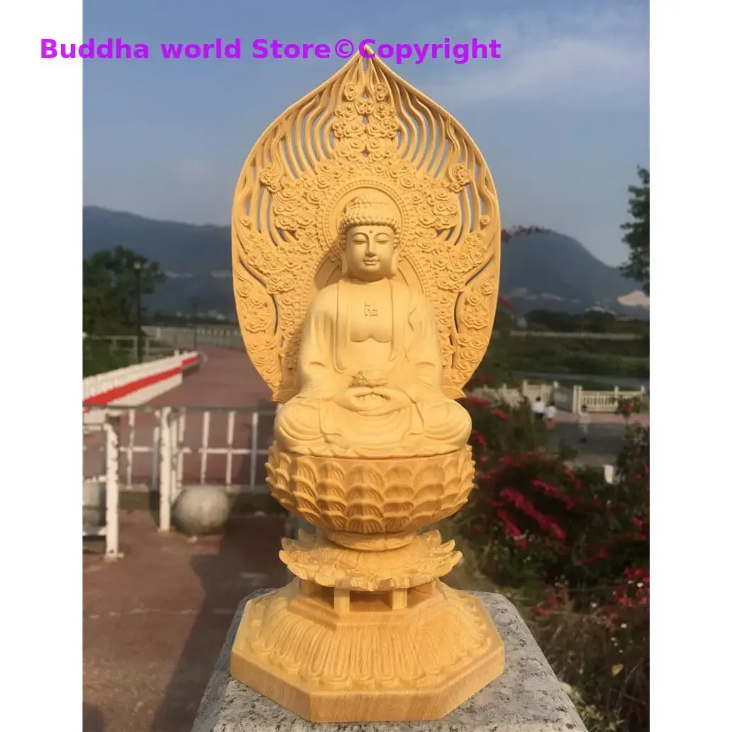 28CM large HOME Family safety health Company SHOP good luck Efficacious protection Amitabha Sakyamuni buddha wood carving statue