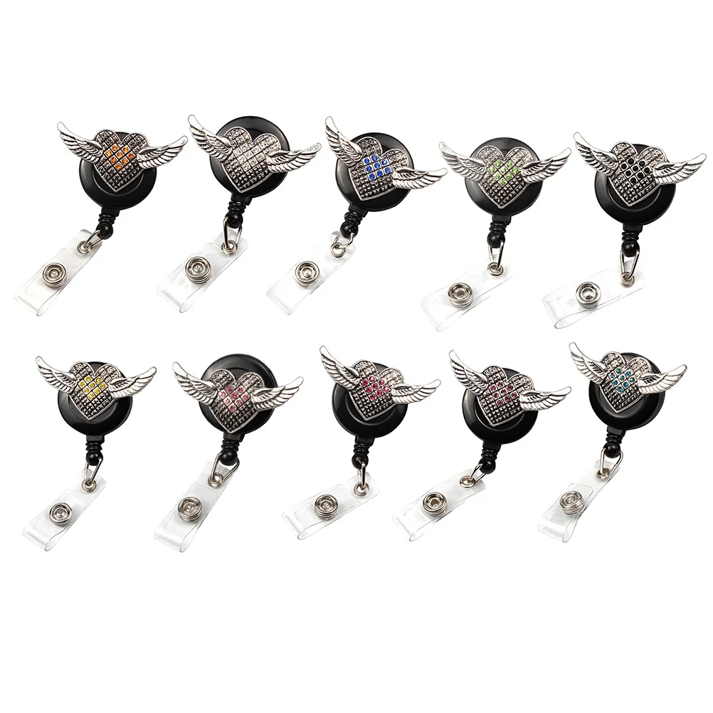 

Retro Wing Shaped Round Rhinestone Clips ID Sleeve Telescopic Buckle Retractable ID Badge Reel Clips Easy Pull Buckle Clip (Whit
