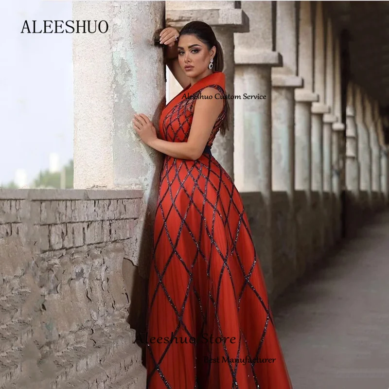 Aleeshuo vestido de cetim noite para as mulheres, v-colar, beading, sem mangas, até o chão