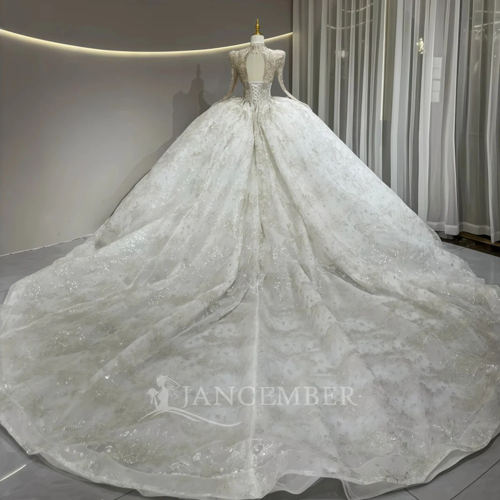 カスタムメイドの豪華なアイボリー色のロングスリーブウェディングドレス、Vネック、クリスタルビーズをあしらったブライダルプリンセスボールドレス、ウェディングドレス（vestidos de novia boda）