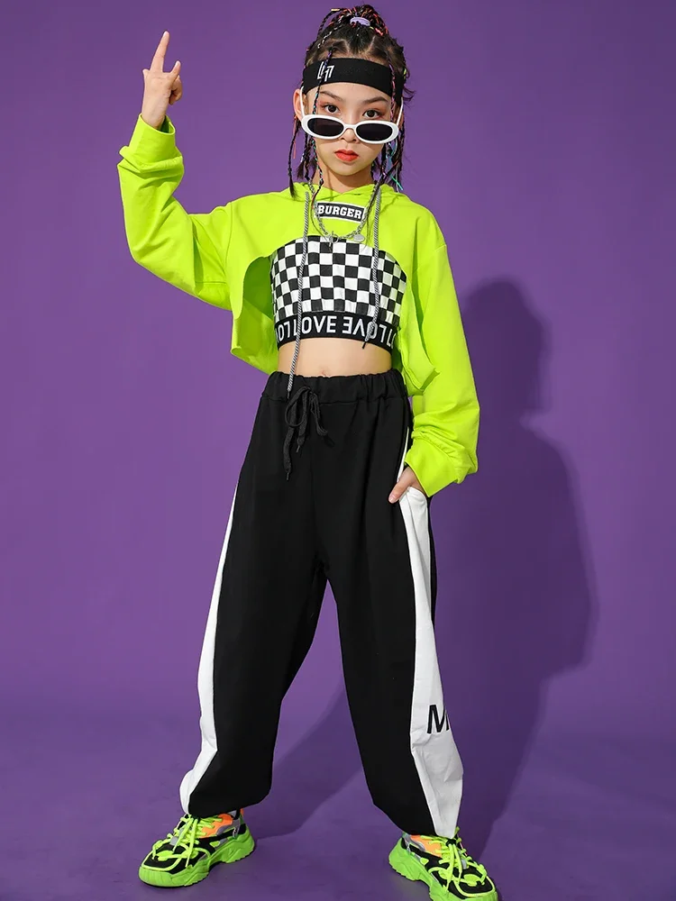 Costume de danse jazz moderne pour filles, manches Y, pantalon noir, streetwear, tenue de scène, vêtements hip hop pour enfants, vert long