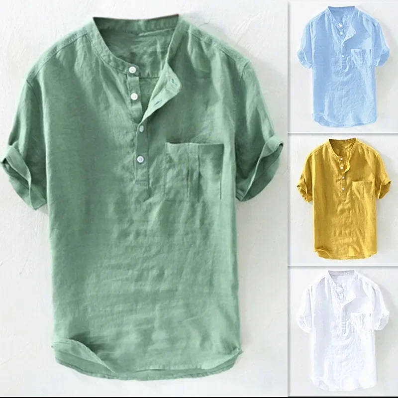 

LIBIELIY Spring And Summer Men's Cotton Linen Shirts Long Sleeve Casual Beach Henley T-Shirt Vacation Tops With Pocket Men Stree