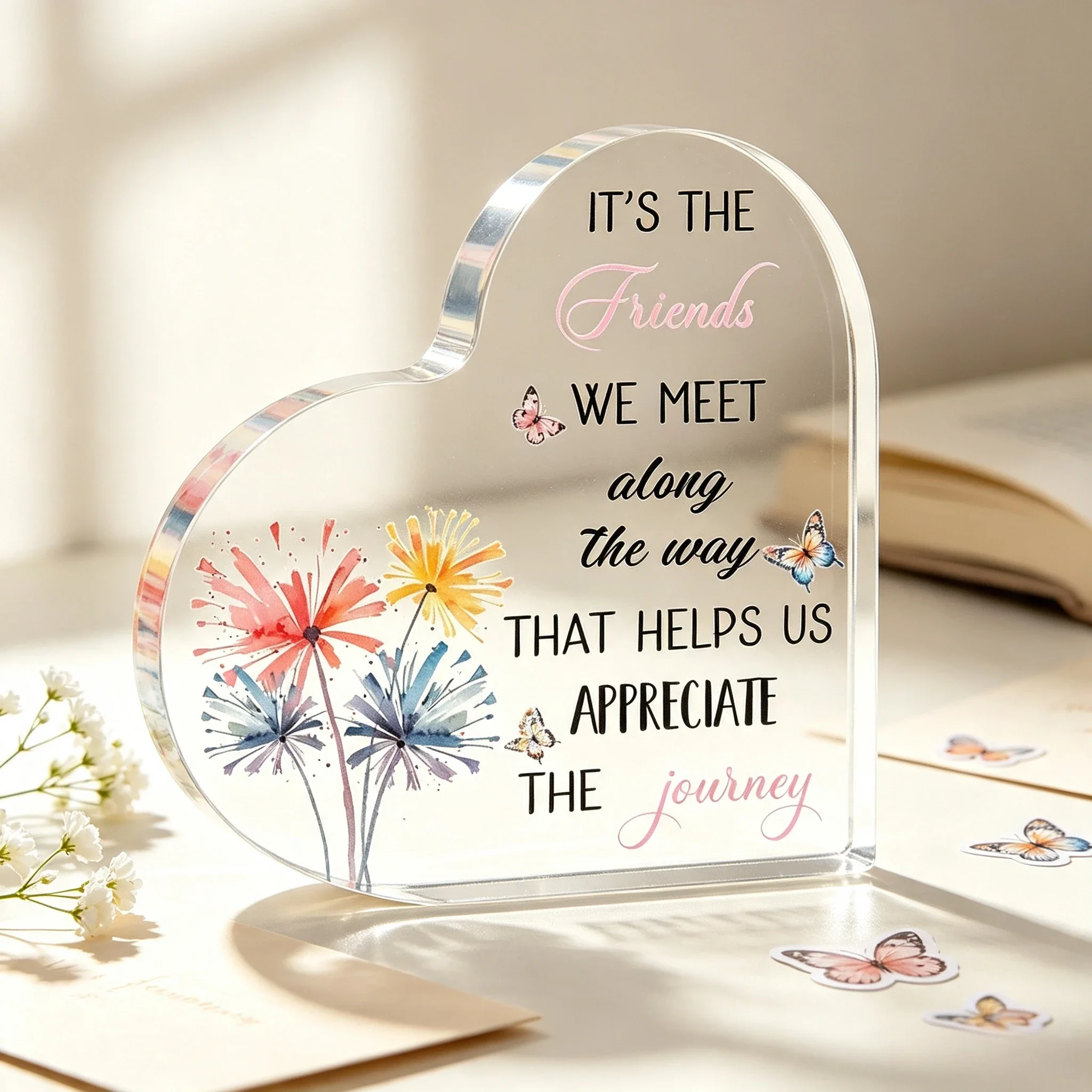 Heart Shaped Acrylic Plaque Friendship Quote Watercolor Dandelion Butterfly Desktop Decor,Inspirational Friends Saying Heart Acrylic Ornament Tabletop Sign Gift for Best Friend