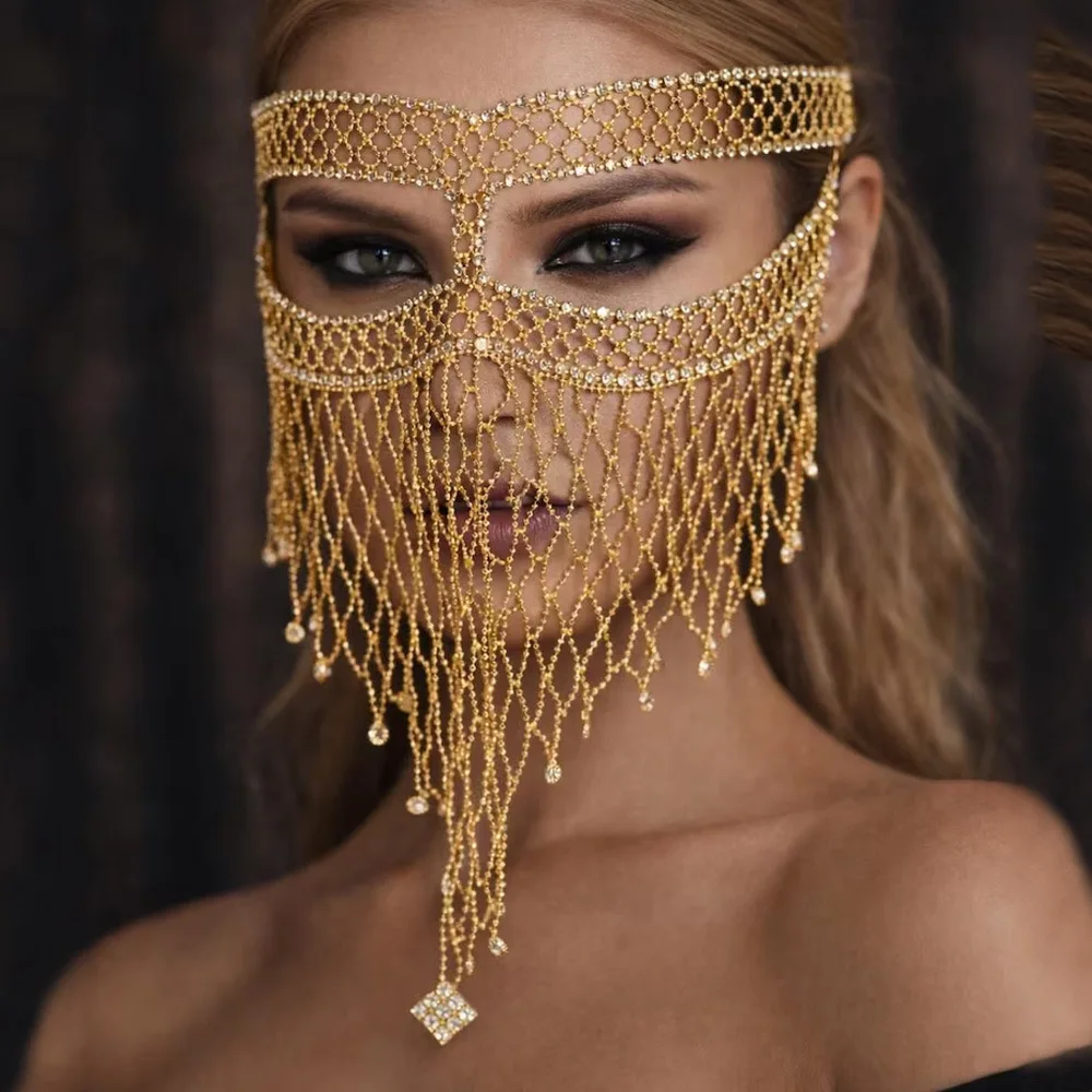 Halloween Unisex Rhinestone Mesh Tassel Fringe Breathable Mask for Masquerade Stage Party Carnival Fancy Dress Costume Accessory