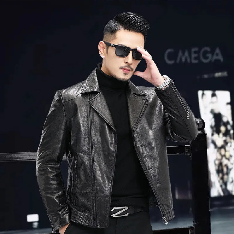 Slim Fit Short Leather Jacket Suit Collar Coat Trend Autumn and Winter New Haining Sheepskin Coat Men's Korean Version