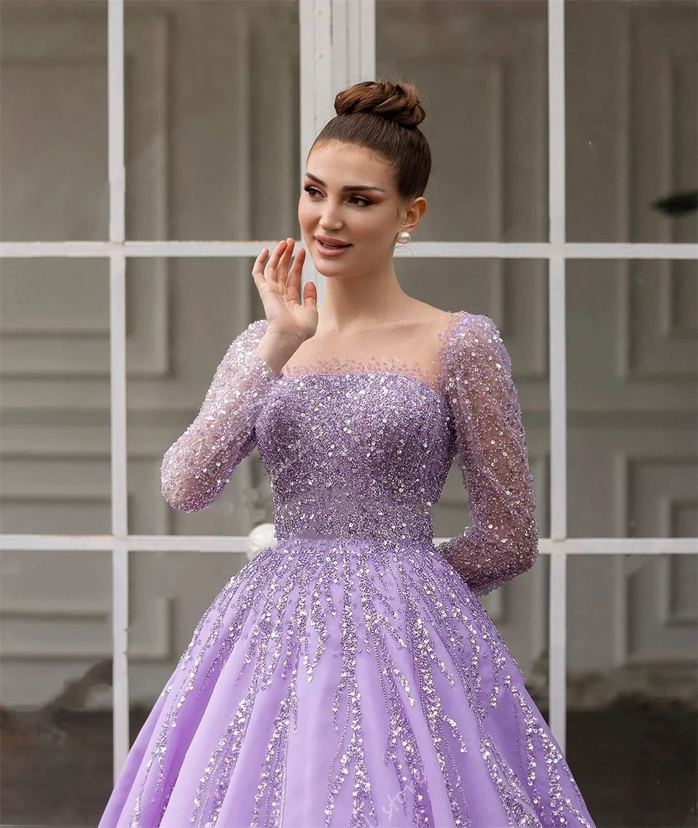 Abito da sposa viola chiaro di lusso a maniche lunghe con paillettes in tulle Abiti da ballo Abito da festa formale Personalizzazione 2025