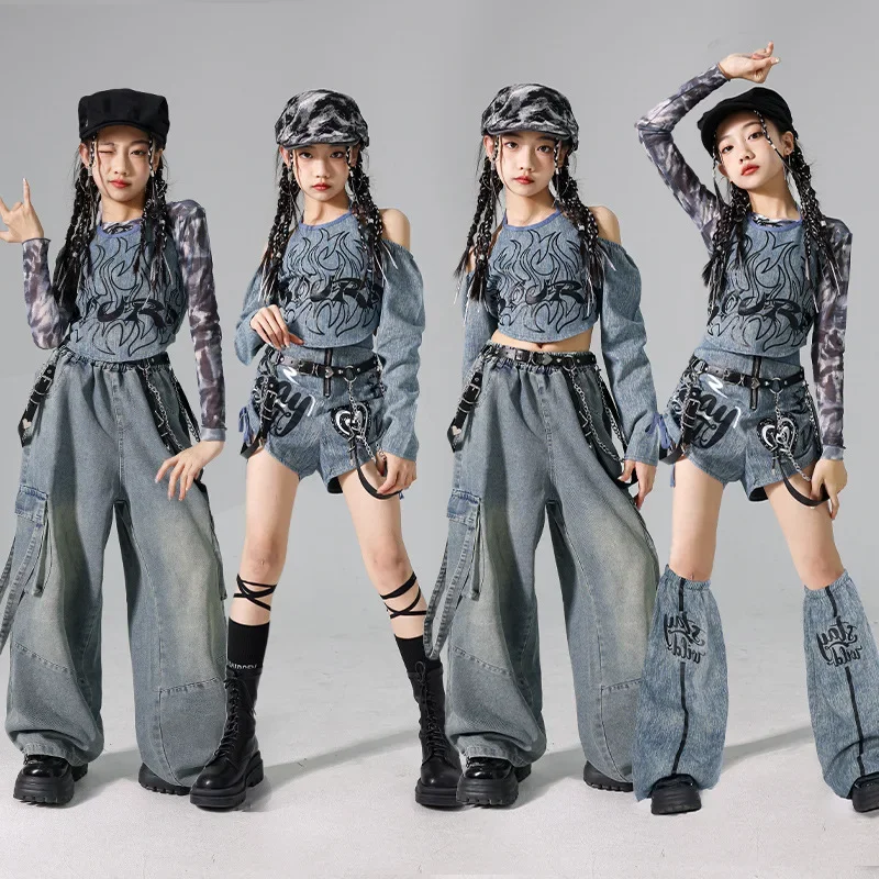 

Girls Denim Crop Top Street Dance Cargo Jeans Pants Kids Hip Hop Jazz Shorts Clothes Set Children Streetwear Stage Costume