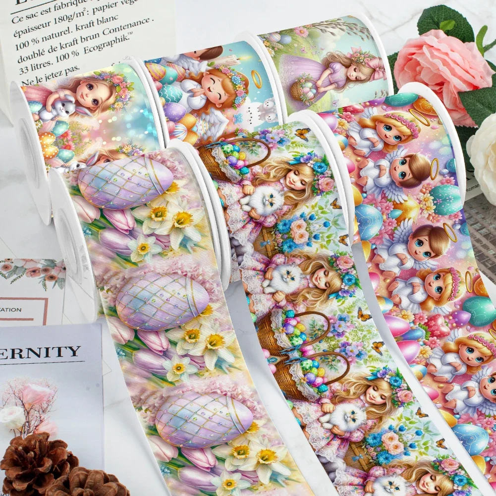 5yards Easter Day Girl Pattern Grosgrain Ribbons Satin Ribbon for Cheer Bows DIY Girl Hair Bows Festival