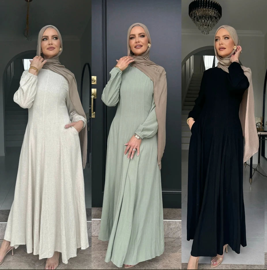 

Eid Muslim Dress Robe Woman Abaya Jalabiyat Ramadan Long Sleeve O-neck Elegant Long Dresses Kaftan Islamic Clothes
