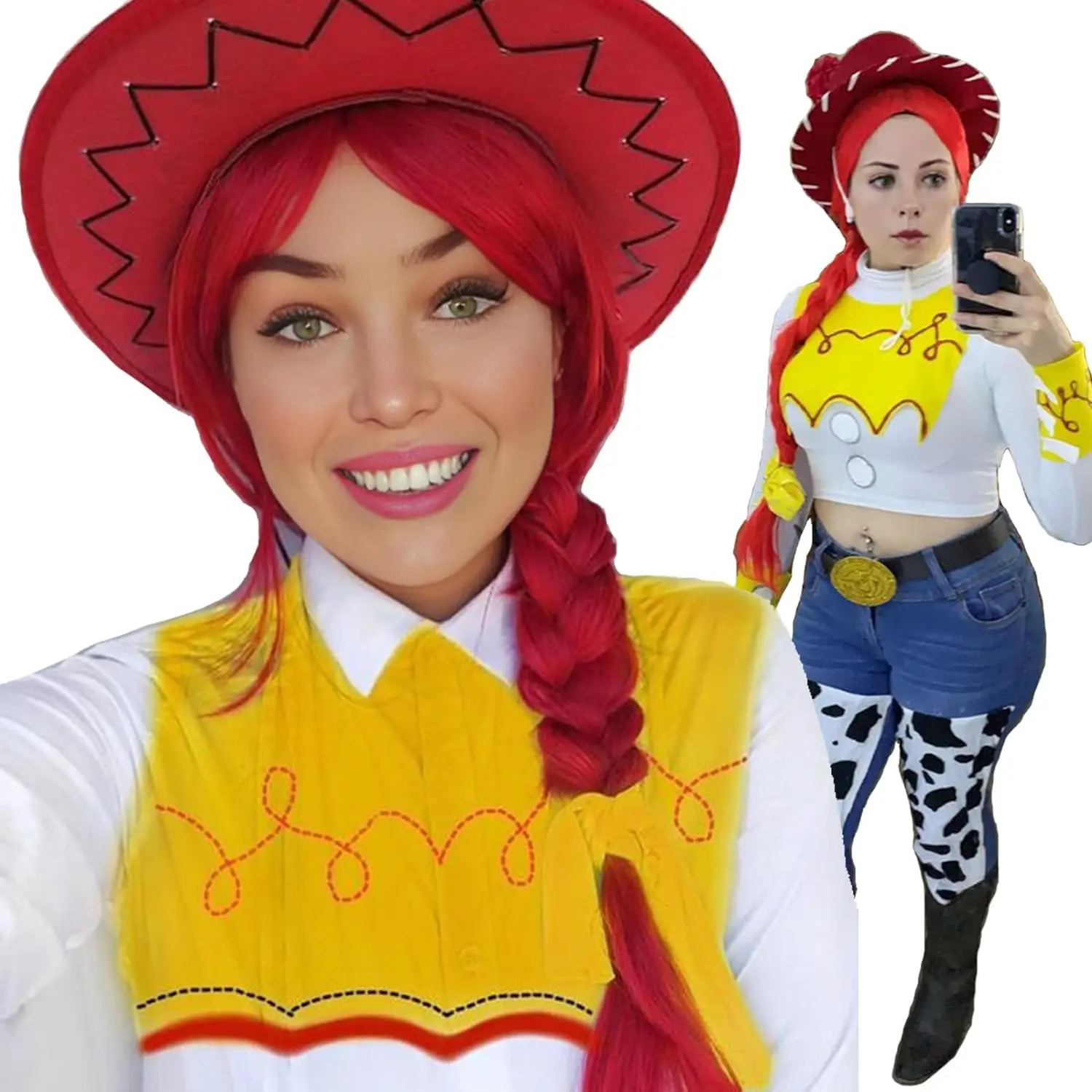 Long Red Wig with Braids for Women Jessie Cowgirl Cosplay Costume Braided Wig Straight Heat Resistant Red Wig Halloween Party