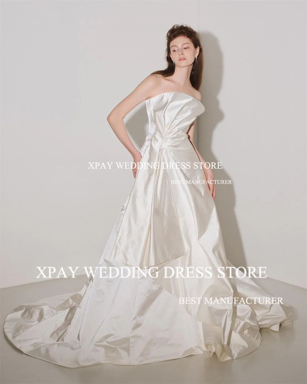 XPAY Elegant Strapless Satin Korea Wedding Dresses Pleats Scalloped Neck Wedding Photography Shoot Custom Made Bride Dress