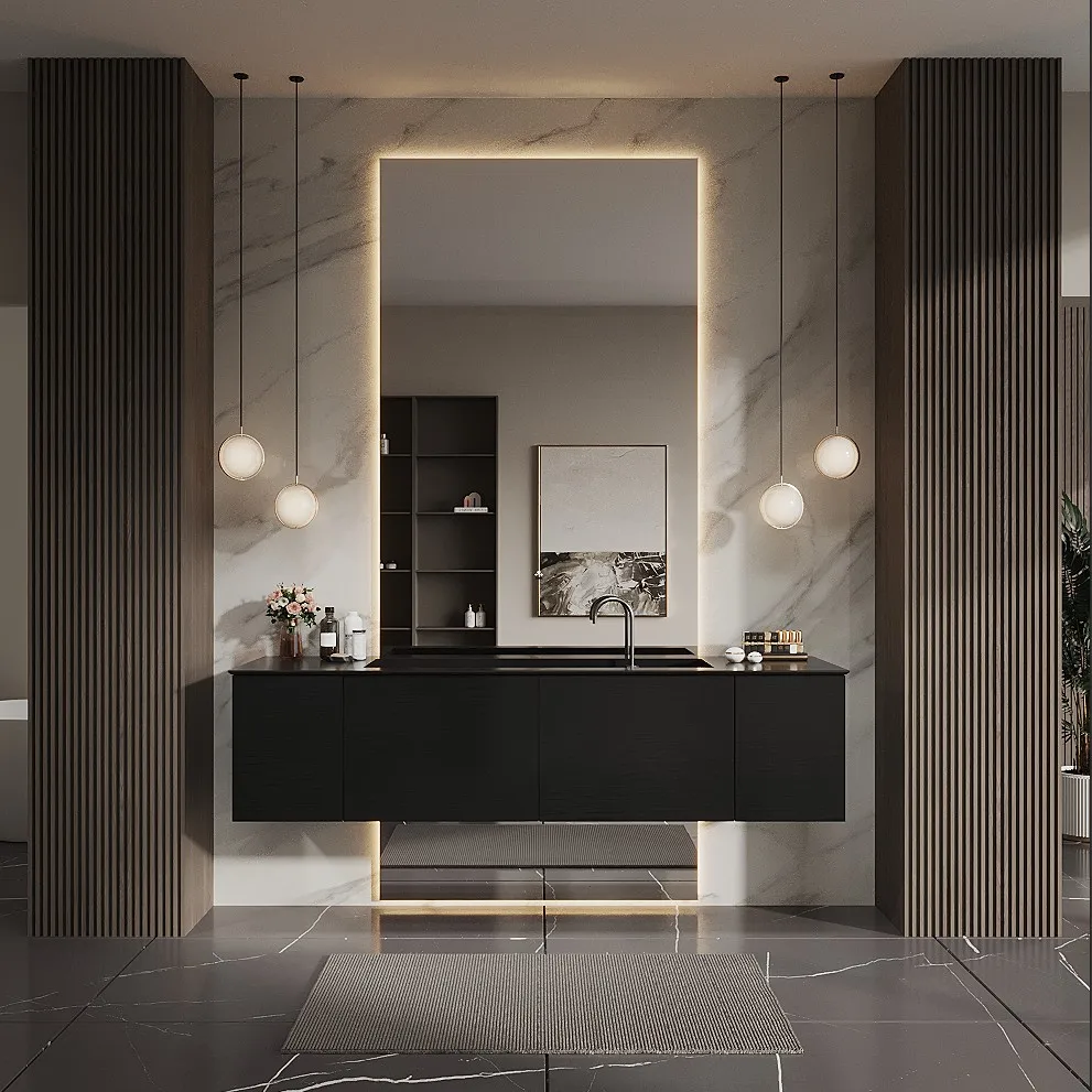 zn-Modern Hotel-Style Solid Wood Bathroom Cabinet Customizable Rock Board Sink Combination Waterproof Including Backsplash@