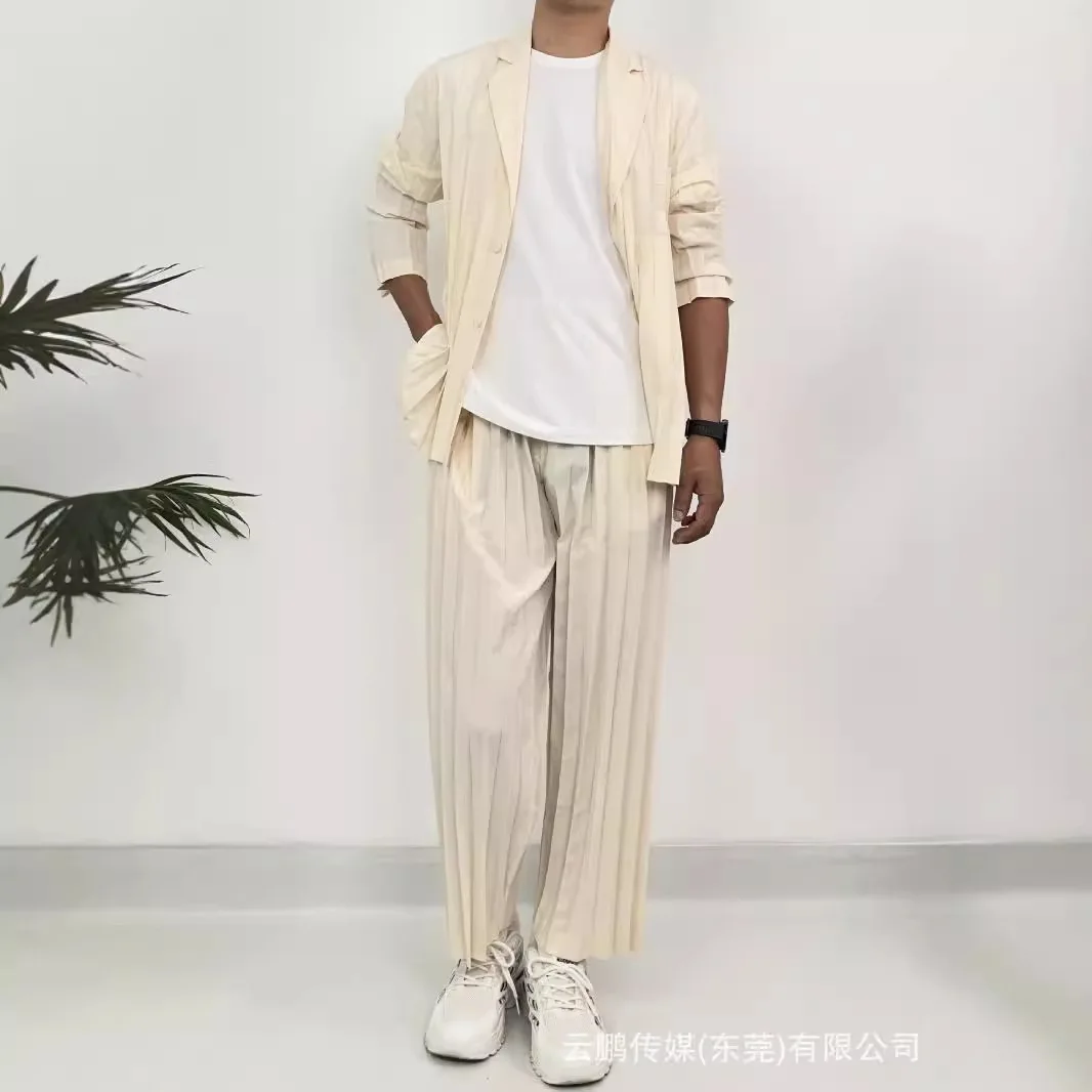 Pleats Pleated Suits Commuter Minimalist Style Niche Design 2024 New Men's Loose Casual Pleated Suit Set Men Clothing