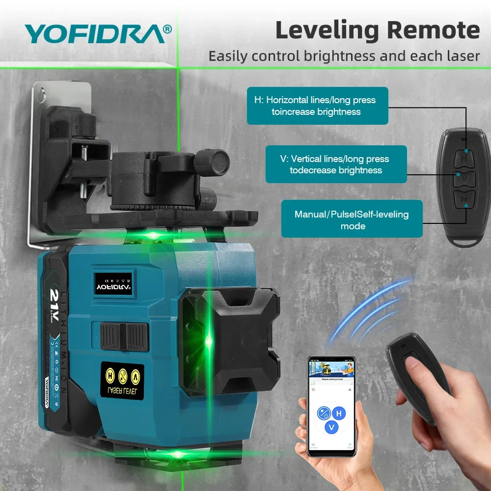 YOFIDRA 4D 16 Linien Ultra Leistungsstarker Grüner Strahl 360 ° Selbstnivellierende horizontale Lasernivelliergeräte mit 1-Meter-Stativ für Makita 21V-Akkus – Detail 5