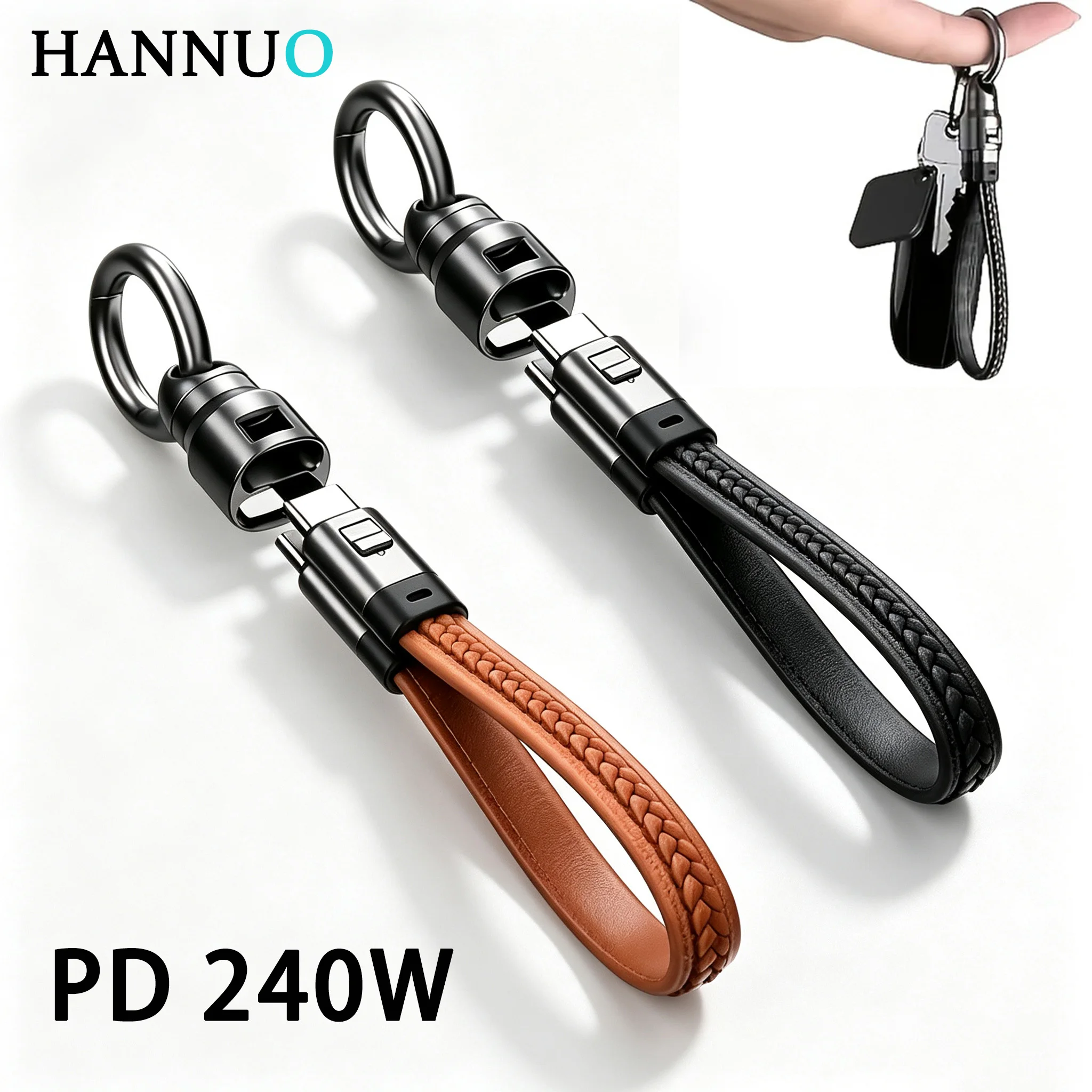 HANNUO PD240W USB Type-C Charging Cable Leather Portable Keychain Fast Charging Type C Data Transfer Cord for iPhone Samsung