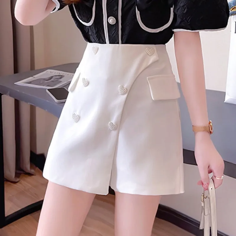 Elegant Office Lady Skirt Shorts Heart Button High Waist A-line Short Pants Spring Summer All Match Solid Streetwear