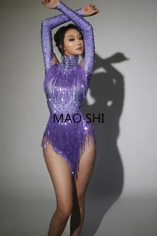 Sparkly Rhinestone Tassel Jazz Dance Show Leotard Spandex Long Sleeved Bodysuit Latiao Women's Sexy stage Performance Bodysuit