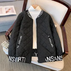 plus Size Women's Cotton Jacket Baseball Style Loose Fit Zipper Cardigan Short Outerwear Diamond Pattern Winter Coat