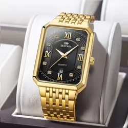 Square Date 2025 Men Gold Wrist Watches Gold Stainless Steel Men Watches For Male Clock Relogio Masculino Luxury Brand Top