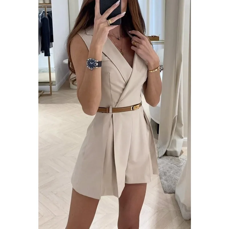 Women's Fashion New Slim Commuting Blazer Jumpsuit Temperament Women Romper Summer New Female Sleeveless Elegant Short Jumpsuits