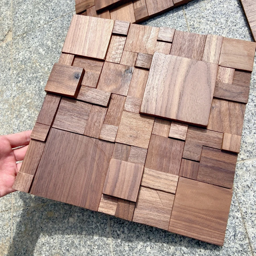 Natural Black Walnut Solid Wood Wall Panel 3D Mosaic Tiles Retro Art Wall Sticker for Home/Office/Bedroom Wall Background Decor