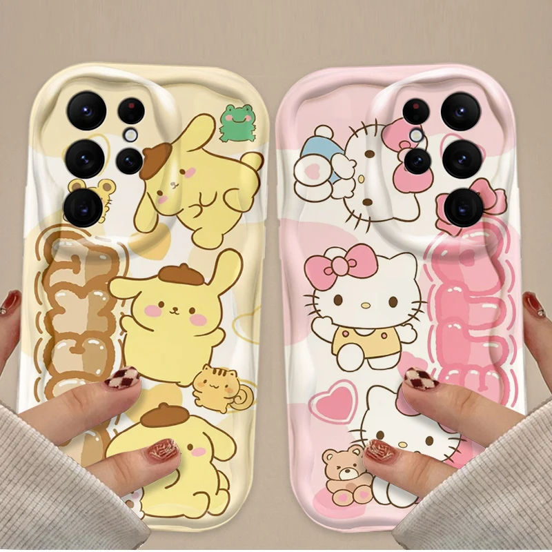 Carino Pompon Purin Hello Kitty Cassa Del Telefono per Samsung Galaxy S25 S24 Ultra S23 S22 S21 S20 Plus FE A56 A36 A26 A17 A07 Della Copertura Posteriore