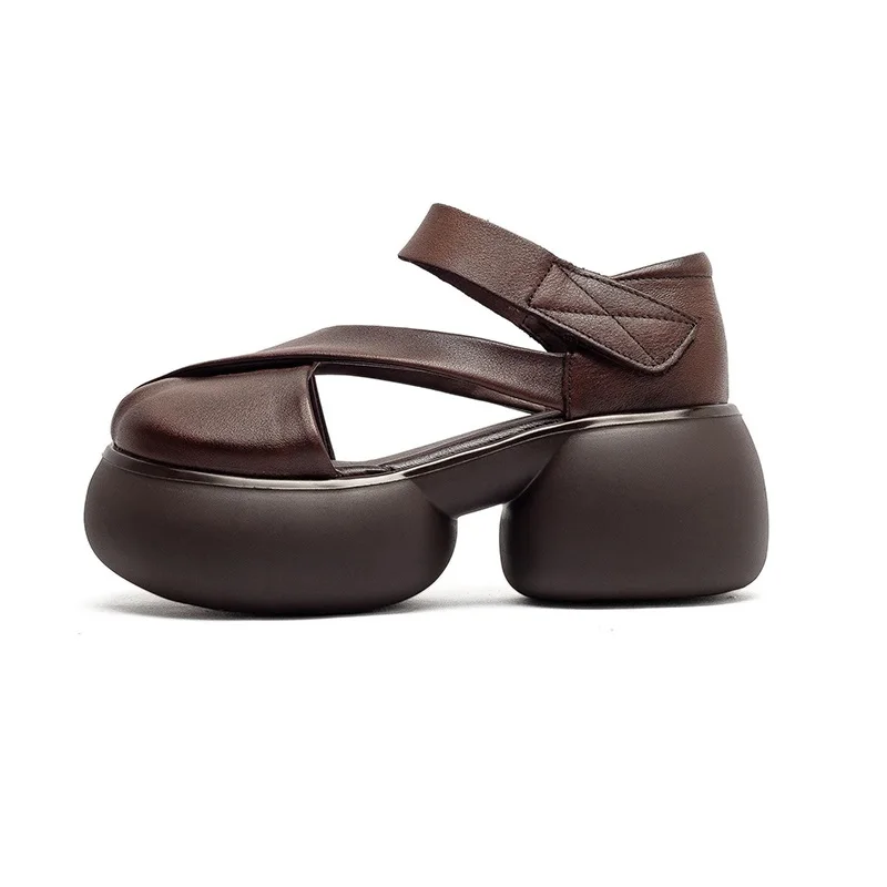 DRKANOL Women Thick High Heel Sandals Summer Shoes Handmade Retro Style Genuine Leather Chunky Platform Casual Sandals Female
