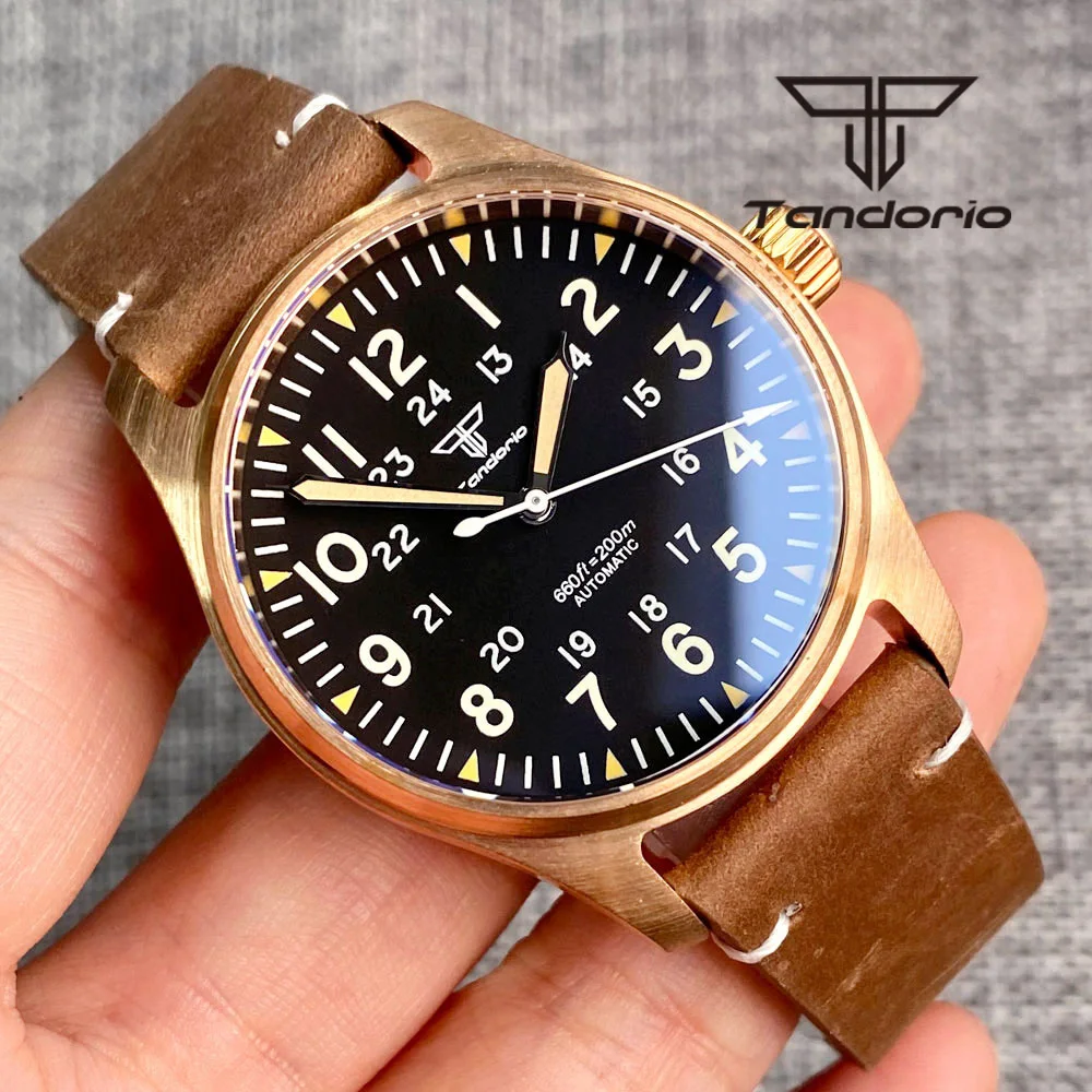 Tandorio Real Cusn8 Bronze Luxury 200M Diver Automatic Men\'s Watch NH35 PT5000 Sapphire Glass Leather Screw Crown Green Luminous