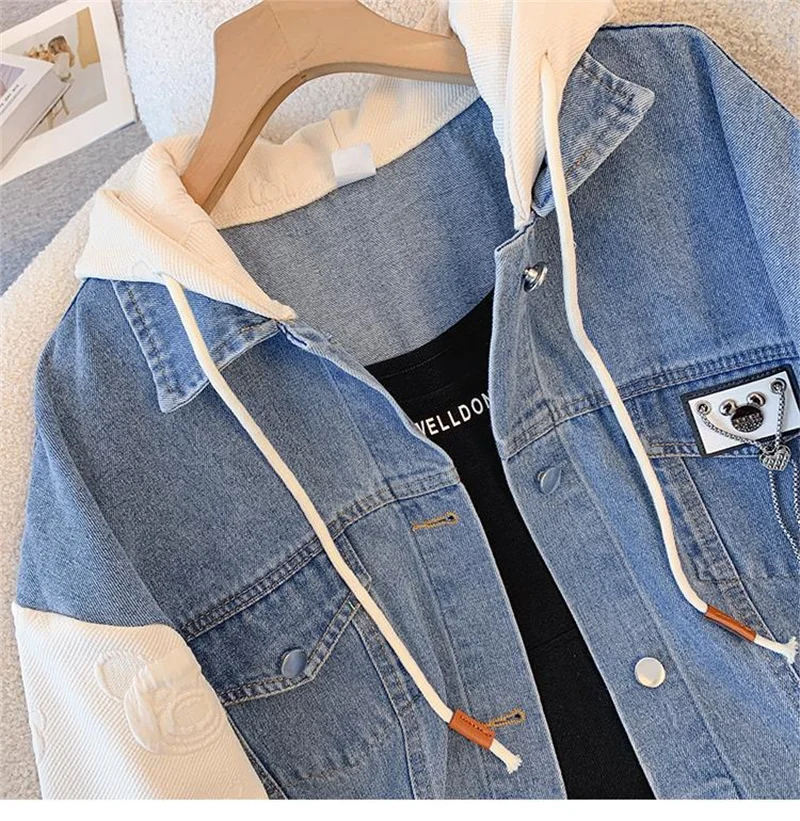 Spring And Autumn Female Fake Two Hooded Denim Jackets Women\'s Casual Baseball Jerseys 2024 New Loose Student Jacket Top Trend