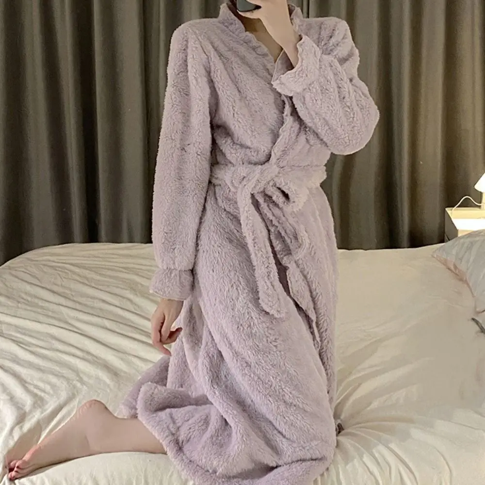 Long Sleeves Coral Fleece Sleepwear Thicken Warm Ruffle Pajamas Robe Women Home Wear Lace-up Winter Flannel Night-robe Girl
